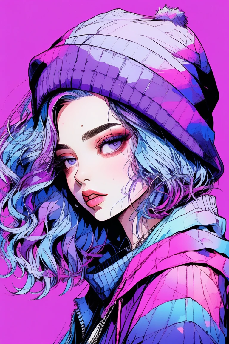 (Highest quality, sketch:1.2),Realistic,Illustrator,anime,1 girl, Detailed lips,sweater,custom,Blue gradient background,Neon Hair,Texture Cropping,Canadian, masterpiece, Style: Retro Classic, Dark Black, Full Body Art, sketch book, (Purple Bob Hair:1.35, black:1.55)