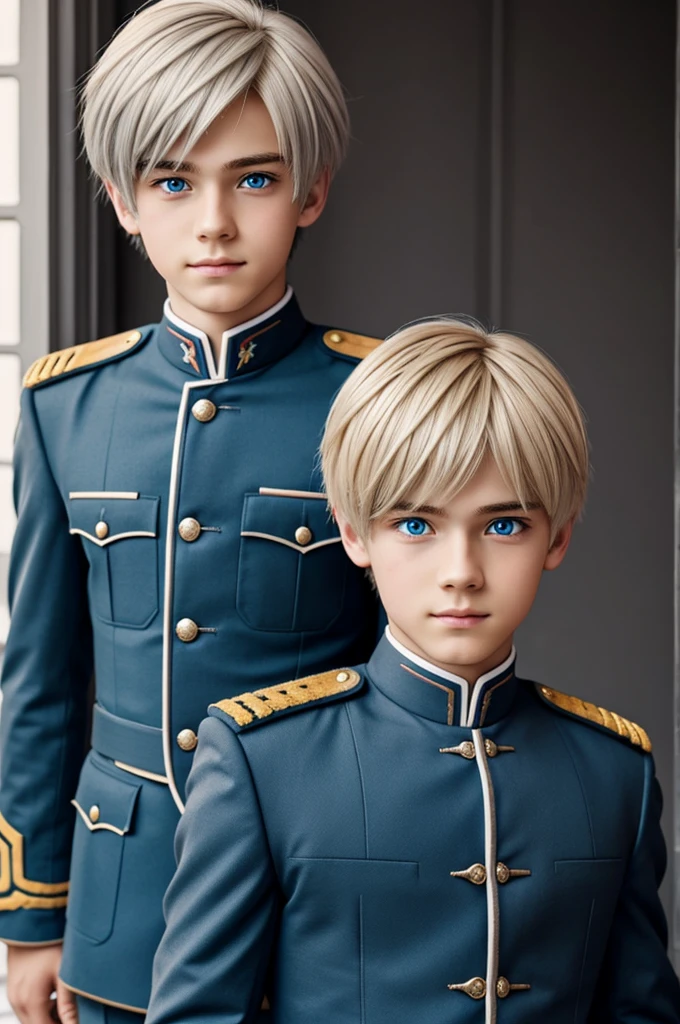 Anime boy with blue eyes blonde grayish hair wearing Russian uniform