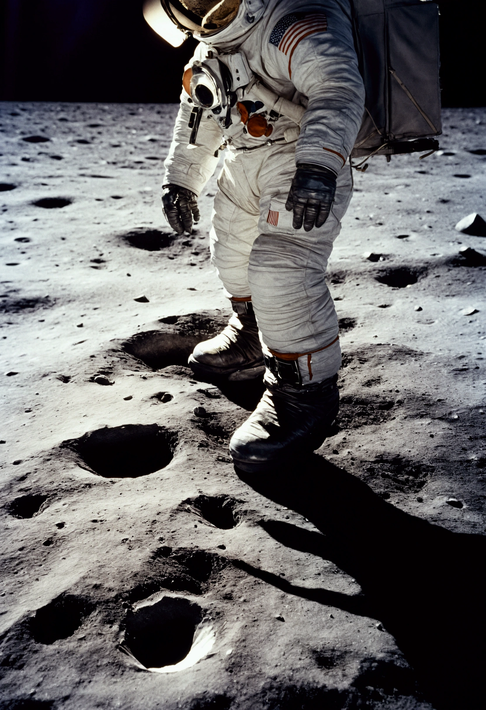 "Neil Armstrong's first step on the moon, left foot touching lunar surface, iconic space suit, 1969"