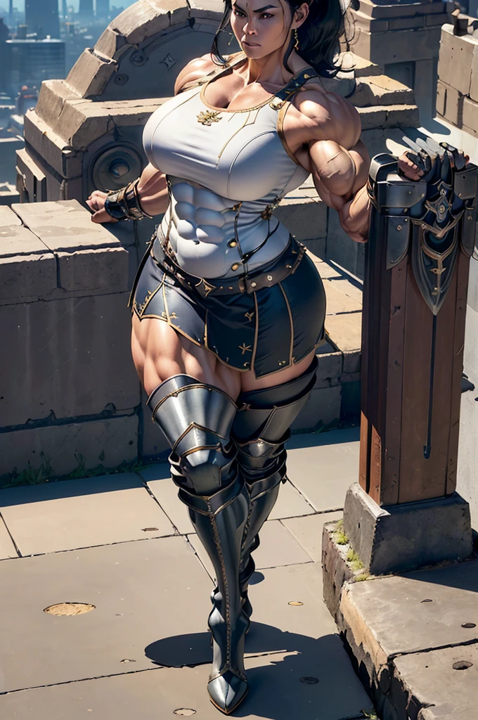 (Best lighting) , (Very intricate details) , 4K Integration, (Super fine CG: 1.2) , (8k: 1.2),(original), (masterpiece) , (Highest quality),(masterpiece:1.4),((Full color images))、Photo quality,(masterpiece),masterpiece, Highest quality, Absurd,((Masterpiece, 4K, 8k, High resolution)),(masterpiece), (Highest quality), (Super detailed), (Very delicate and beautiful), ((Full body image 1:1.5)), 1 female, ((solo woman image)), The face of a 40-year-old Western woman、A beautiful, well-balanced face、 ((A woman with a muscular body like a male bodybuilder)),((Huge muscular physique))、((A giant woman, 18 metres tall))、Fantasy World、gigantess、((Beautiful woman)),((Woman warrior)),45 year old mature woman, ((Wearing medieval metal armor))、((Metal armor that resembles a thick chest and abdominal muscles))、((Armor that accentuates muscular arms and legini skirt、Valkyrie's Helmet、Very strong legs、((Long boots with pin heels))、((kneehigh boots))、Has a huge sword、Dilapidated cityscape,Strength and elegance,Solemn atmosphere,((The Queen's Appearance))、((The Strongest Queen of Mankind))、(Huge muscular physique),((Woman with male bodybuilder body))、((Protruding veins))、((A woman with a toned chest like a male bodybuilder))、Raised trapezius muscle、very thick neck、((Strong arms with bulging biceps))、A muscular chest、Six-pack、((Thick thighs with bulging muscles))、Exposed thighs、((Bicep-like calf muscles))、Very large sole size、Overflowing with incredible strength、Muscles bulging out from under the force of force all over the body、Black Hair、ponytail、A commanding presence,Poses that show off their monstrous power,Model standing、Standing with dignity、Vibrant colors,Down to the smallest thread,Impressive level textures,Sharp focus,