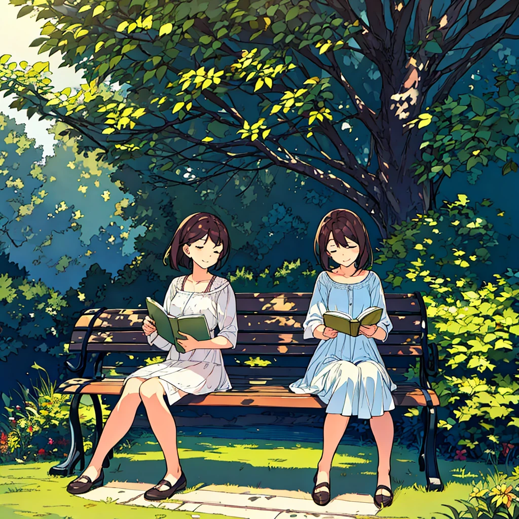 Summer A woman is sitting on a bench Sunlight through the trees Simple Nostalgic Reading a book