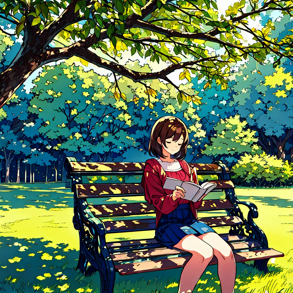 Summer A woman is sitting on a bench Sunlight through the trees Simple Nostalgic Reading a book