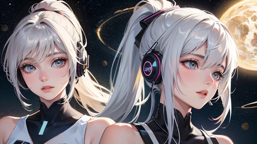 A beautiful foreign woman with a ponytail is listening to music with headphones surrounded by beautiful stars in space, 4k realistic illustration