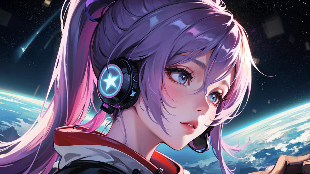 A beautiful foreign woman with a ponytail is listening to music with headphones surrounded by beautiful stars in space, 4k realistic illustration
