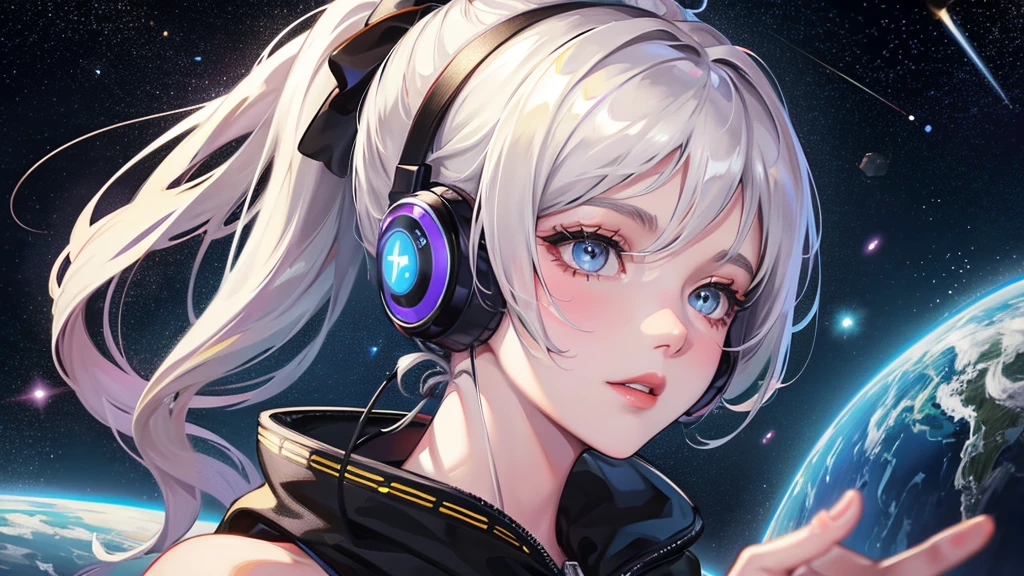 A beautiful foreign woman with a ponytail is listening to music with headphones surrounded by beautiful stars in space, 4k realistic illustration