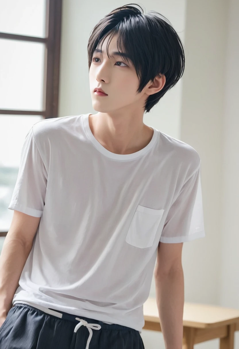 One boy、Beautiful Boy、18-year-old、Japanese Boy、Beautiful Boy、Black Hair、classroom、White underwear、Change of clothes