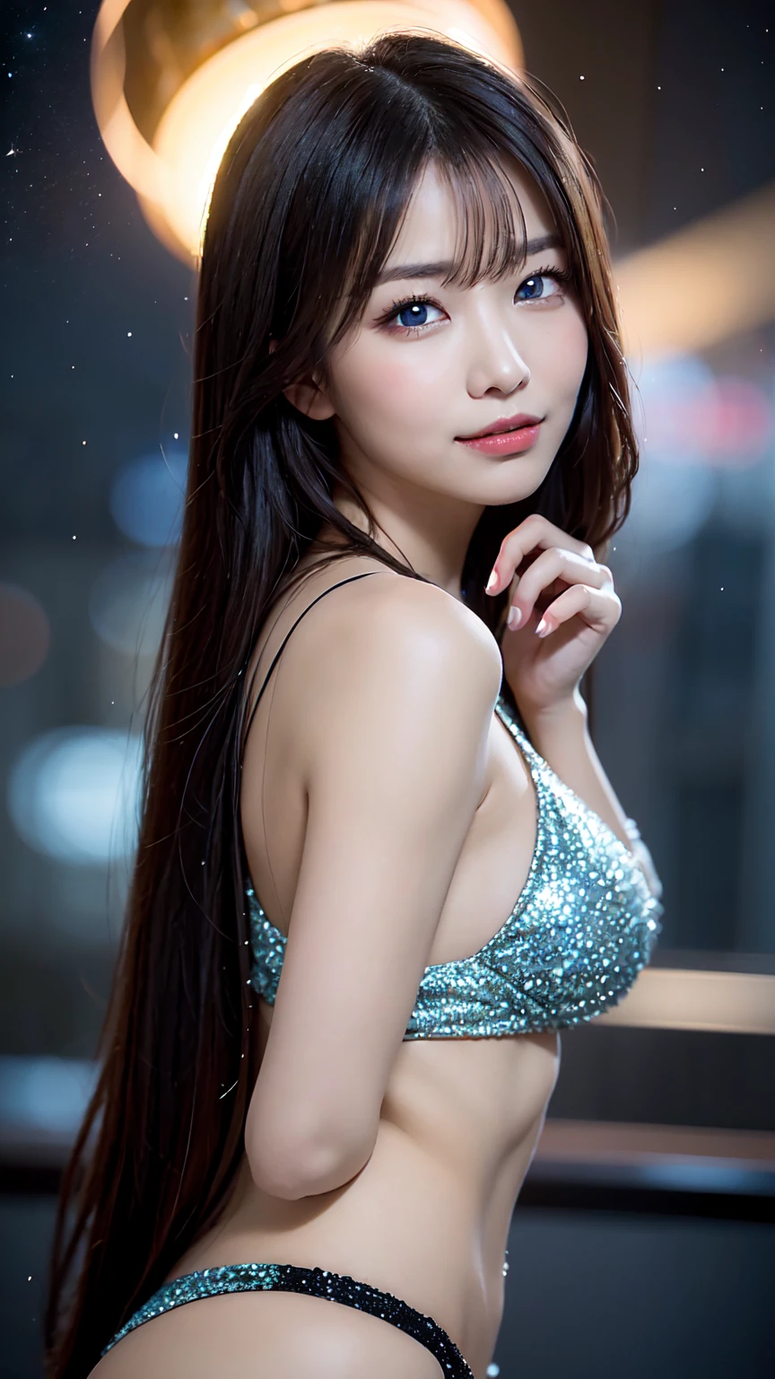 A sultry 27-year-old woman gazes directly into the camera lens, her full lips slightly upturned in a mischievous grin. Her piercing blue eyes seem to gleam with mischief as she tilts her head forward, showcasing her luscious locks and chiseled features. The focus is on her statuesque figure, boasting measurements that are the stuff of every man's fantasies. In the background, a breathtaking galaxy sprawls across the sky, its stars twinkling like diamonds against the inky blackness.
