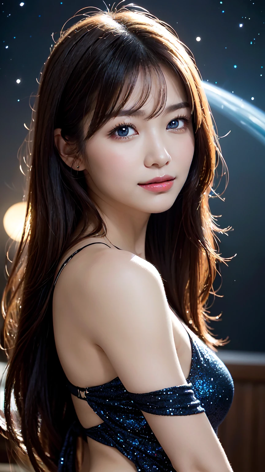 A sultry 27-year-old woman gazes directly into the camera lens, her full lips slightly upturned in a mischievous grin. Her piercing blue eyes seem to gleam with mischief as she tilts her head forward, showcasing her luscious locks and chiseled features. The focus is on her statuesque figure, boasting measurements that are the stuff of every man's fantasies. In the background, a breathtaking galaxy sprawls across the sky, its stars twinkling like diamonds against the inky blackness.