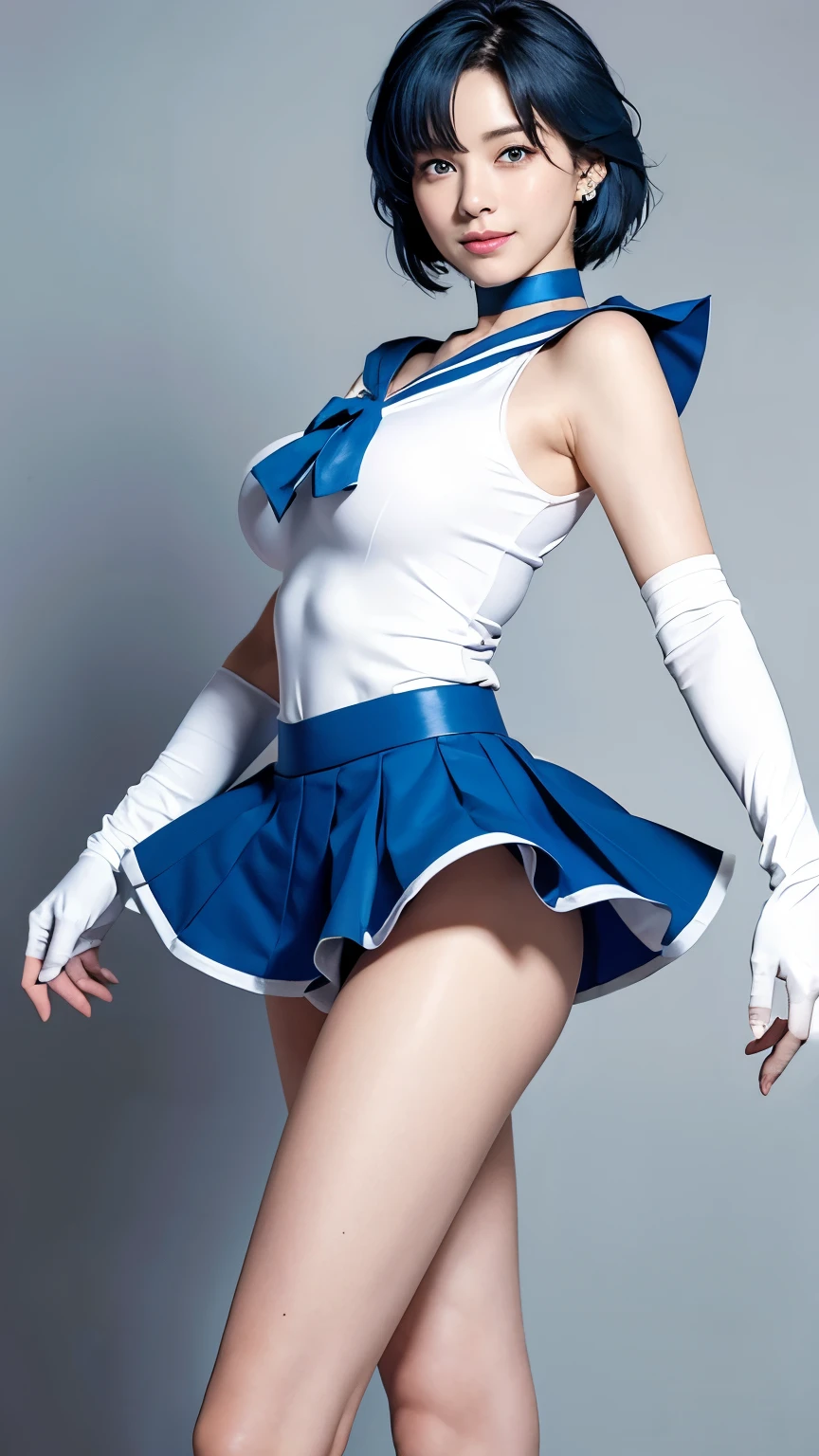 masterpiece、high quality、High resolution、Realistic、professional lighting、Japanese、woman、cute、young、White skin、slender、,(Blue Hair:1.3), short hair, (Nice hands, sexy, slim, Large Breasts, skinny, Tight waist, Human Anatomy:1.1)blue eyes, Sailor Warrior Uniforms, Blue sailor collar, bow, Knee Boots, choker, (White gloves:1.3), blue choker, (elbow gloves:1.3), jewelry, Earrings, Blue Skirt,open arms、standing on one leg、smile、whole body、White background