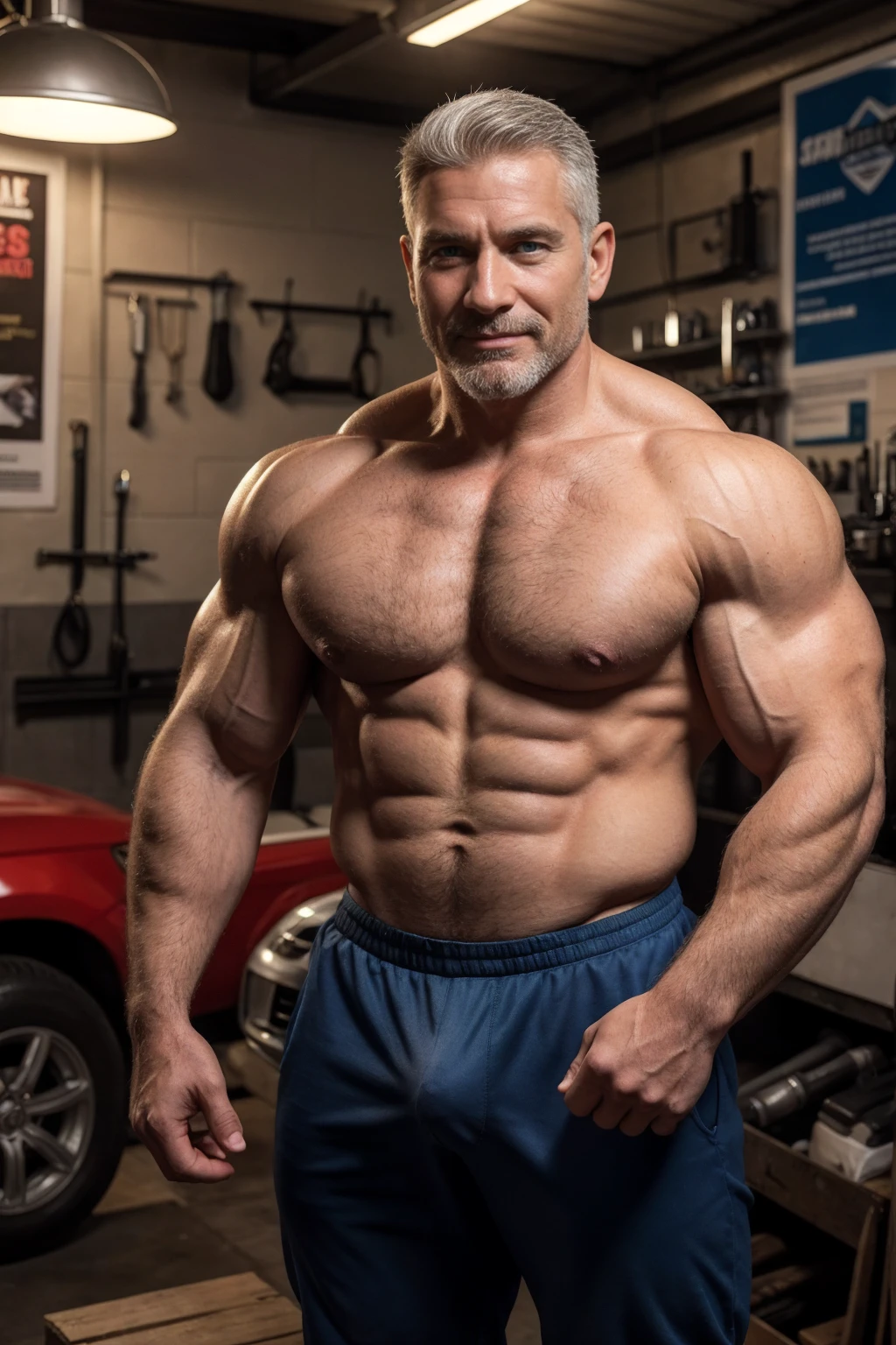 1man, (Blue Eyes), happy smile,American daddy,60 years old,Wear glasses, photo of a hansome man,,hairy body, alpha male, huge biceps, ripped abs,((face and upper body focus:1.3)), (masculine:1.4), (romantic lighting:1.3), (???? pose:1.2),（muscular：1.5），（white gold hair：1.5 ），（Body hair is gray：1.5），（Skin Wrinkles：1.5），（full body portrait：1.5），（skin glow：0.5）,a 60-year-old Mexican man working as a mechanic in an auto shop. This man is muscular and strong, with large biceps that reflect the years of physical work and dedication to the trade. His skin has a warm tone and is adorned with tattoos that tell stories of his life and passions. He sports  a T-shirt with the shop's logo, which is tight to highlight his well-defined muscles. His arms are imposing and powerful, showing his skill and ability in his work as a mechanic. In one hand, he holds a wrench, while with the other, he shows a friendly and genuine smile. His gaze is full of wisdom and experience, a result of years of work in the automotive industry. The auto shop is He finds himself in an environment full of tools and vehicles, with engines and wheels in the background, which highlights his passion for his craft, behind(( On a wall there is a poster of a blonde woman, with ??????????????, ???? in a ??????)), wearing black colors micro thon,pale skin, skinny, good lighting, very pale skin, light skin, model with attractive body,medium bulge and medium butts,(Best quality, 8k, Masterpiece). High Detail , superior quality, natural lighting, beautiful, ????, correct ???????, good composition,realistic shapes, realistic skin tones,Natural eyes,realistic eyes,looking up at viewer,vpl,realistic muscles,Realistic wrinkles on the skin,Realistic arms and legs,Realistic face,realistic hair,Make a ???? and seductive face, man focus,amazing composition, front view, HDR, volumetric lighting, ultra quality, elegant,Post a ?????????????????,Realistic pose,detailed hair,full body,Fujifilm XT3 photorealistic art by midjourney