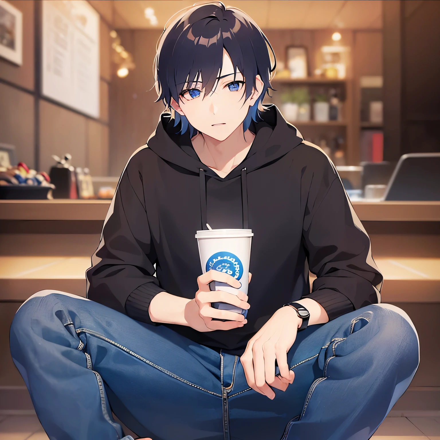 Surprised man、(25-year-old male:1.5) and (Black short hair) and (blue eyes)upper body,(looking at viewer:1.5), shiny skin, masterpiece、Highest quality、 black hoodie, eyes widen、The background is the interior of an izakaya at night.、Sitting