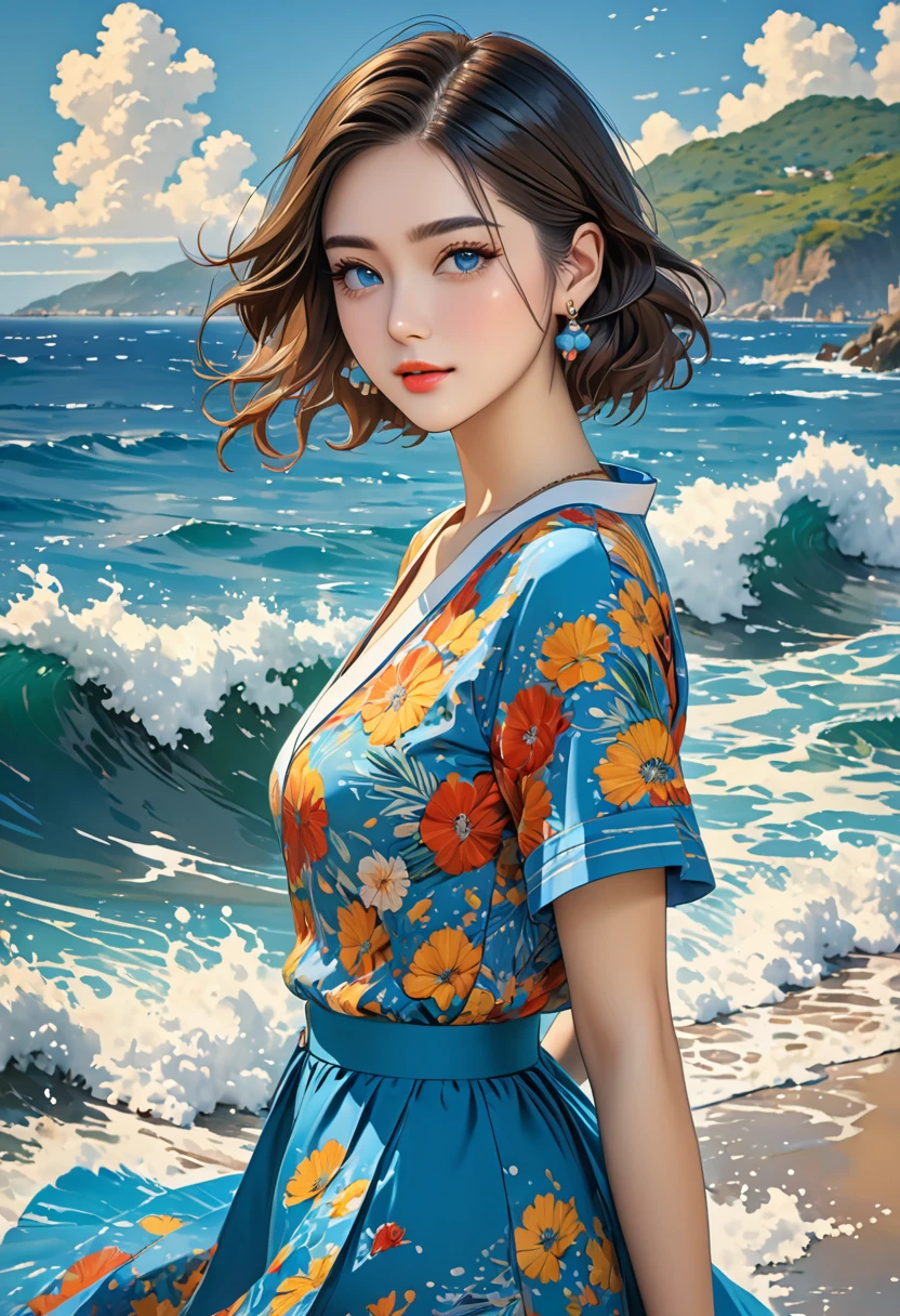 (Short-sleeved),(Fashionable),(Model),(Woman),(In her 20s),(Sea),(best quality:1.2),(master piece:1.2),(8k),(16k:1.2),(Illustration),(Best Quality:1.2),(Ultra-detailed:1.2),(top-quality:1.2),(​masterpiece:1.2)