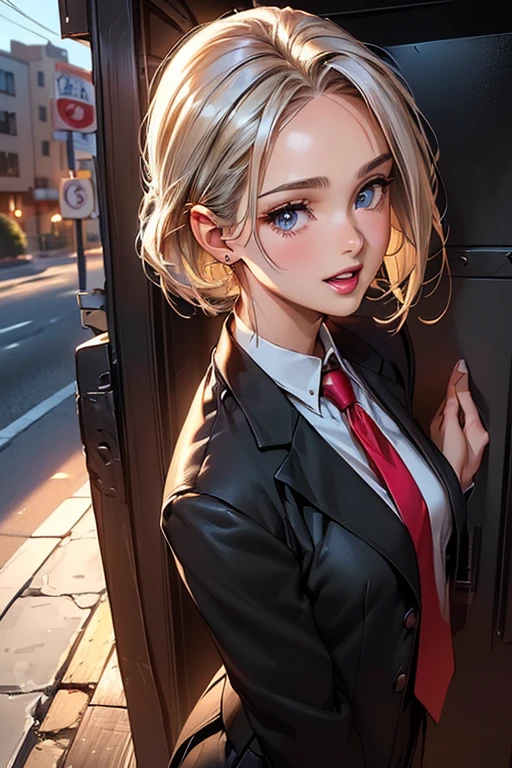 #Basics A girl is posing for a photo, animeのかわいい女の子, (((One Girl)), ((Baby Face)), ((Young girl)), ((16 years old))), 
BREAK 

#Clothing Accessories 
((Black business suit : White dress shirt + Red tie + black suit vest + Black suit jacket + Black suit slacks), Black Loafers), 
Gold hoop earrings, Silver Necklace, 
BREAK 

#Features 
((Blonde)), ((Bangs that expose the forehead:1.2) + (I can see a beautiful forehead:1.1)), (Pixie Cut Hair : Very short hair:0.7 + Hair curled outside + Fuller Hair:0.6  
(Droopy eyes, blue eyes), (Small breasts), 
BREAK 

#background environment 
(noon、(Sunlit office district, Telephone booth, Sidewalk)), 
#Facial Expression Pose 
((smile + Teeth are visible + Laughing with open mouth), (Telephone boothに背中をもたれ掛からせているポーズ)), 
#composition 
((Face the camera, Side angle, Cowboy Shot)),  
BREAK 

#Body parts elements 
(Detailed hair, Beautiful Hair, Shiny Hair), 
(double eyelid, Long eyelashes), 
(Expression of fine eyes, Beautiful and delicate eyes, Sparkling eyes, Eye Reflexes, Glitter Eyeliner), 
(Human Ear), 
(Beautiful Nose, Thin Nose), 
(Glossy lips, Beautiful Lips, Thick lips, Glossy Lips, Natural Cheeks), 
(Detailed face, Symmetrical facial features), 
(Detailed skin, Textured skin, Beautiful Skin, Shiny skin), 
BREAK 

#Quality 
(((Highest quality)), ((masterpiece)), ((Very detailed))), ((High resolution), (16K,1080P)), 
(Realistic), (Anatomically correct), 
((comics, anime)), (3DCG), CG illustration,
