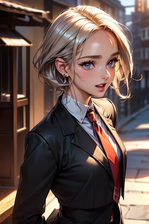 #Basics A girl is posing for a photo, animeのかわいい女の子, (((One Girl)), (()), ((Young gir((16 years old))#Clothing Accessories 
((Black business suit : White dress shirt + Red tie + black suit vest + Black suit jacket + Black suit slacks), Black Loafers), 
Gold hoop earrings, Silver Necklace, 
BREAK 

#Features 
((Blonde)), ((Bangs that expose the forehead:1.2) + (I can see a beautiful forehead:1.1)), (Pixie Cut Hair : Very short hair:0.7 + Hair curled outside + Fuller Hair:0.6  
(Droopy eyes, blue eyes), (Small breasts), 
BREAK 

#background environment 
(noon、(Sunlit office district, Telephone booth, Sidewalk)), 
#Facial Expression Pose 
((smile + Teeth are visible + Laughing with open mouth), (Telephone boothに背中をもたれ掛からせているポーズ)), 
#composition 
((Face the camera, Side angle, Cowboy Shot)),  
BREAK 

#Body parts elements 
(Detailed hair, Beautiful Hair, Shiny Hair), 
(double eyelid, Long eyelashes), 
(Expression of fine eyes, Beautiful and delicate eyes, Sparkling eyes, Eye Reflexes, Glitter Eyeliner), 
(Human Ear), 
(Beautiful Nose, Thin Nose), 
(Glossy lips, Beautiful Lips, Thick lips, Glossy Lips, Natural Cheeks), 
(Detailed face, Symmetrical facial features), 
(Detailed skin, Textured skin, Beautiful Skin, Shiny skin), 
BREAK 

#Quality 
(((Highest quality)), ((masterpiece)), ((Very detailed))), ((High resolution), (16K,1080P)), 
(Realistic), (Anatomically correct), 
((comics, anime)), (3DCG), CG illustration,
