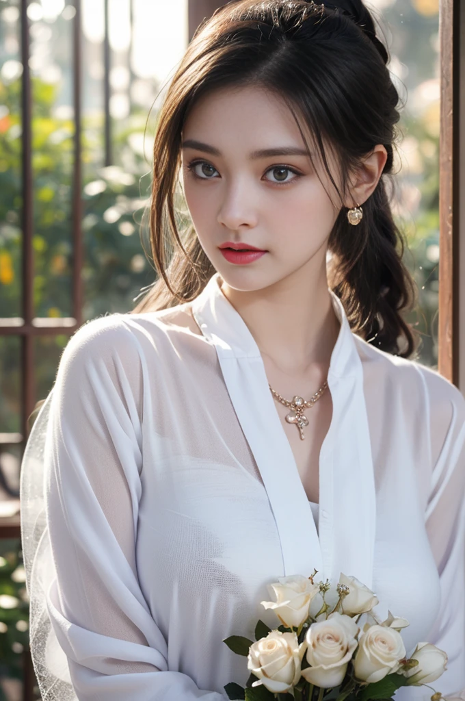 1 beautiful girl in Hanfu costume, ((white thin purple silk shirt with a lot of texture)), white lace top, long purple platinum ponytail Hair, Jewelry, ear jewelry, necklaces and necklaces, carefully drawn big purple eyes, makeup careful, thin eyebrows, high nose, beautiful red lips, no smile, pursed lips, rosy cheeks, wide breasts, big breasts, proportional breasts, slim waist, purple fishnet socks, chinese hanfu style, fictional art texture, colorful bright and realistic, RAW Photo, Realistic Photo, ultra high quality 8k surreal photo, (effective fantasy light effect: 1.8), 10x pixels, magical effect (Background): 1.8), ultradetailed eyes, full body portrait of girl , Chinese royal garden background, dynamic pose