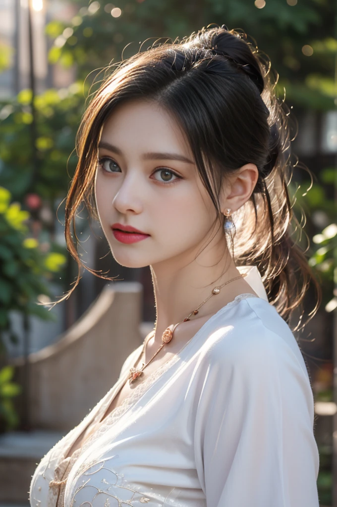 1 beautiful girl in Hanfu costume, ((white thin purple silk shirt with a lot of texture)), white lace top, long purple platinum ponytail Hair, Jewelry, ear jewelry, necklaces and necklaces, carefully drawn big purple eyes, makeup careful, thin eyebrows, high nose, beautiful red lips, no smile, pursed lips, rosy cheeks, wide breasts, big breasts, proportional breasts, slim waist, purple fishnet socks, chinese hanfu style, fictional art texture, colorful bright and realistic, RAW Photo, Realistic Photo, ultra high quality 8k surreal photo, (effective fantasy light effect: 1.8), 10x pixels, magical effect (Background): 1.8), ultradetailed eyes, full body portrait of girl , Chinese royal garden background, dynamic pose