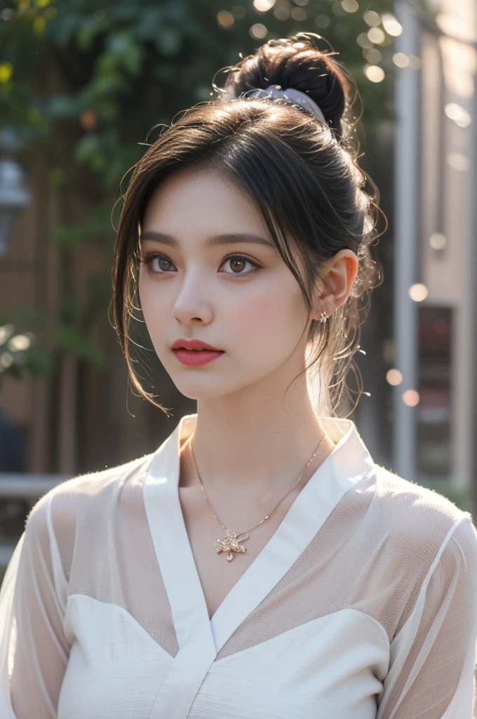 1 beautiful girl in Hanfu costume, ((white thin purple silk shirt with a lot of texture)), white lace top, long purple platinum ponytail Hair, Jewelry, ear jewelry, necklaces and necklaces, carefully drawn big purple eyes, makeup careful, thin eyebrows, high nose, beautiful red lips, no smile, pursed lips, rosy cheeks, wide breasts, big breasts, proportional breasts, slim waist, purple fishnet socks, chinese hanfu style, fictional art texture, colorful bright and realistic, RAW Photo, Realistic Photo, ultra high quality 8k surreal photo, (effective fantasy light effect: 1.8), 10x pixels, magical effect (Background): 1.8), ultradetailed eyes, full body portrait of girl , Chinese royal garden background, dynamic pose