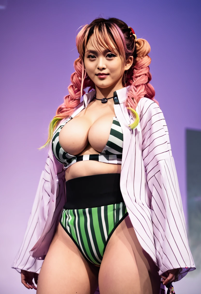 Sexy asian woman, big breasts, mitsuri character outfit from demon slayer, anime expo event background