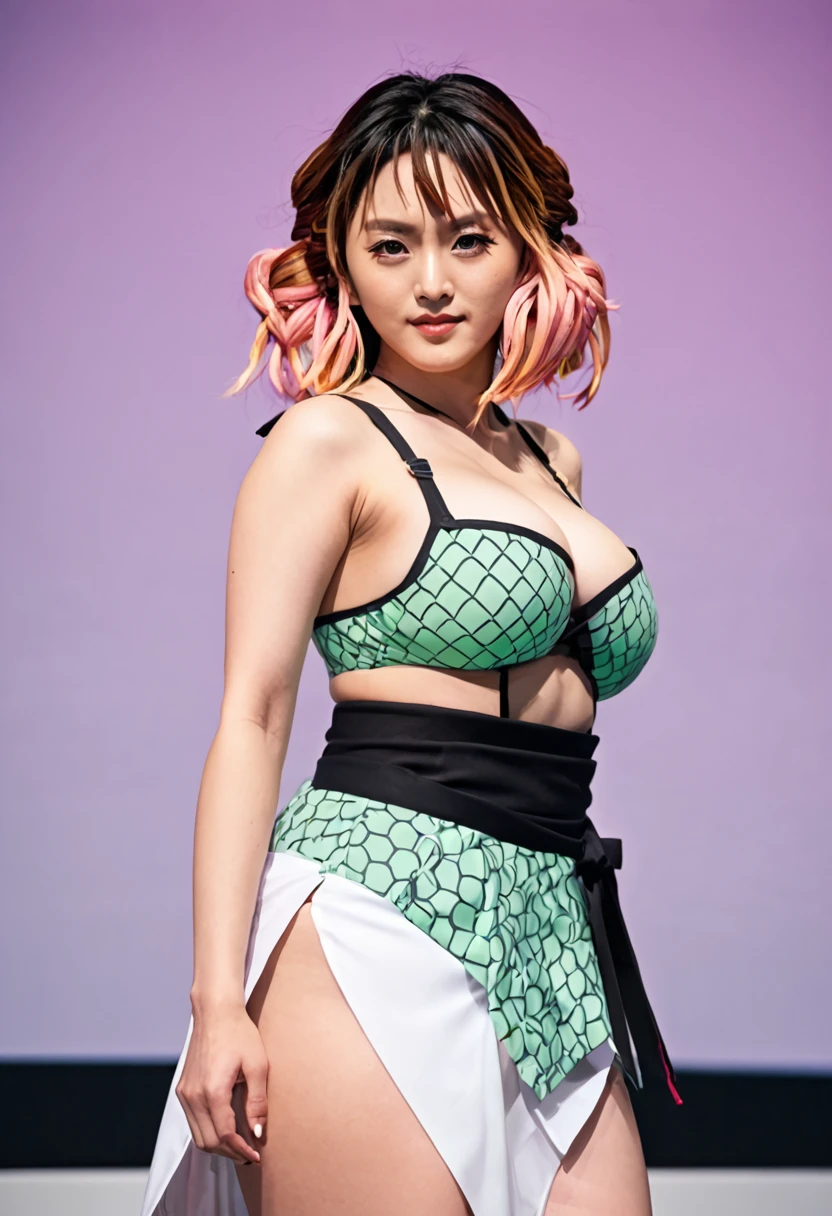 Sexy asian woman, big breasts, mitsuri character outfit from demon slayer, anime expo event background