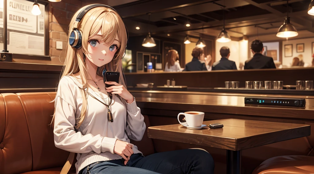 Girl with headphones enjoying music in a cafe I am studying Emphasize a little bit of the chest
