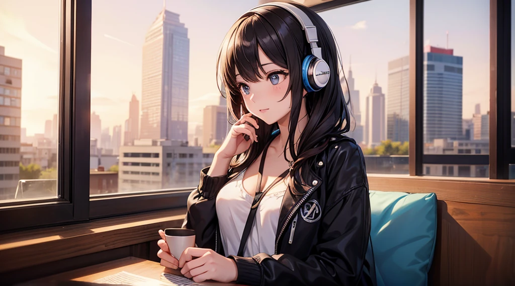 Girl with headphones enjoying music in a cafe I am studying Emphasize a little bit of the chest