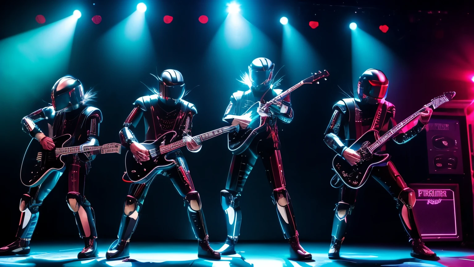 criar many robots playing guitar together on stage, UNIFORM METALIC, eletronic style, on stage, lights, ELETRIC GUITAR STYLE. 8K,ON STAGE, UNIQUE UNIVERSE rock band