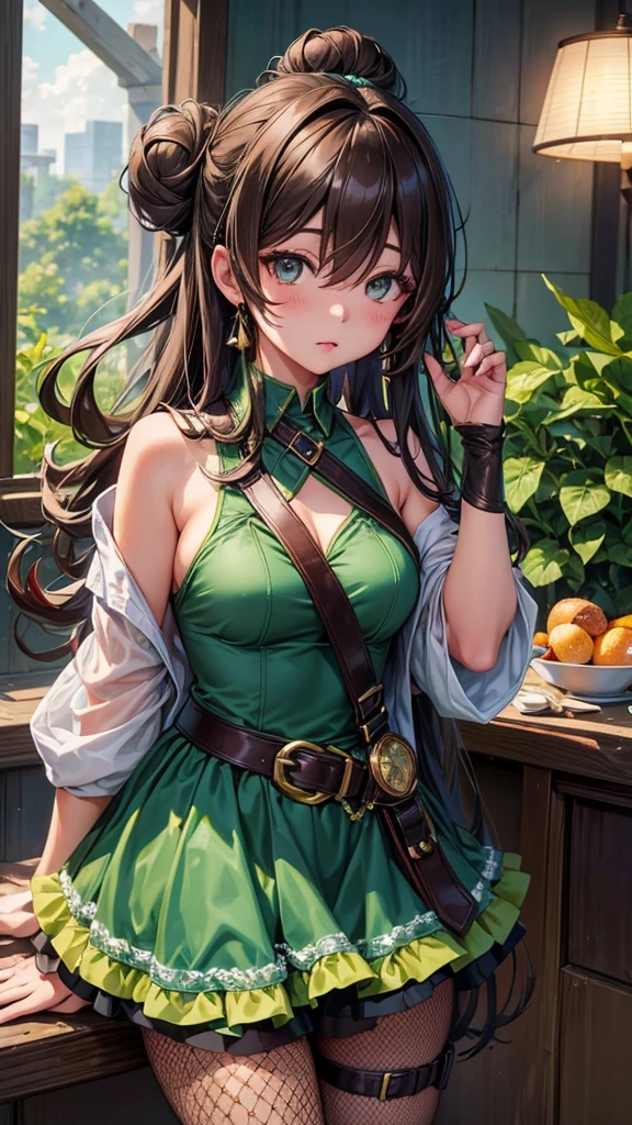 l414 terumi mei, very long hair, hair over one eye, single hair bun, brown hair, green eyes, fishnets, bare shoulders, blue dress, belt, fishnet pantyhose