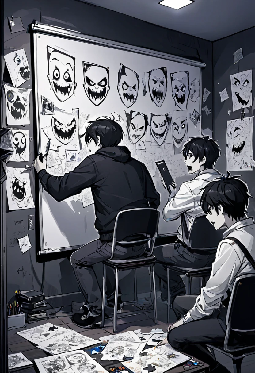 A 3 gamer guys plans on a whiteboard with pictures and papers hung on it, evil dark room , there is a scary faces and Puzzles on the wall, 