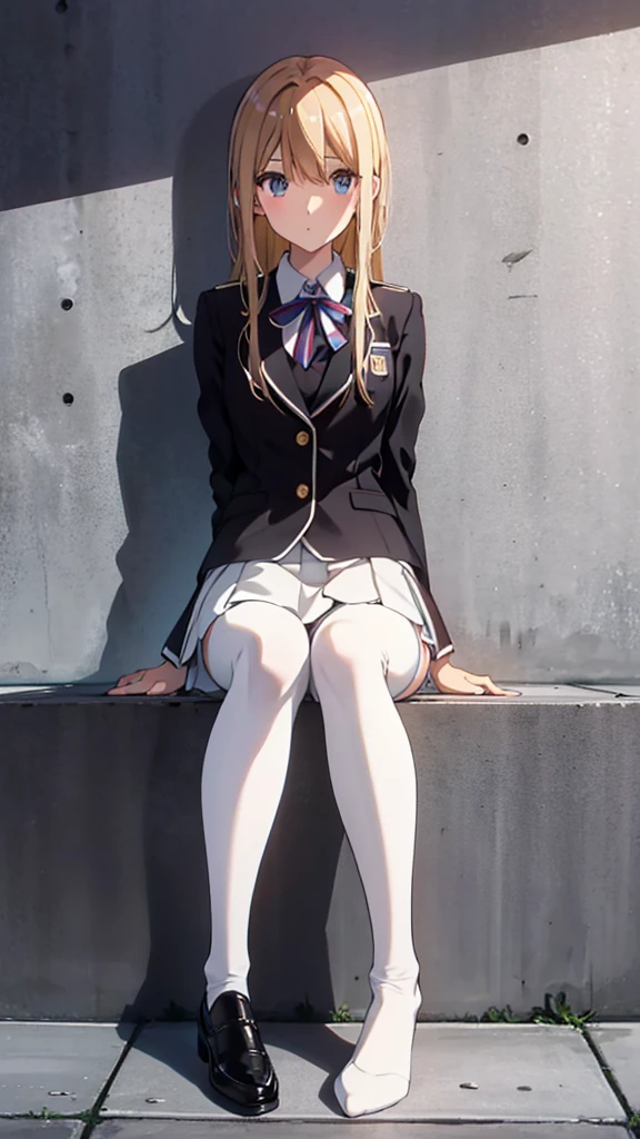 Top quality, masterpiece, High resolution, (Head to toe full body), front, frontやや下からの構図, Symmetric, Tall 18 year old girl, alone, (Head to toe), (Small breasts), bangs, (black tights), (Black Pantyhose), (Sit with your legs apart), (Crouching pose), (A composition showing white panties), (Her legs were spread、I see your white pants.), (I was made to sit on the floor with my legs spread..), (M-shaped legs), Thin legs, A very beautiful and tall 18 year old girl, (No shoes), blush, Shy big eyes, looking at the camera, Blazer Uniform, Checkered Pleated Skirt