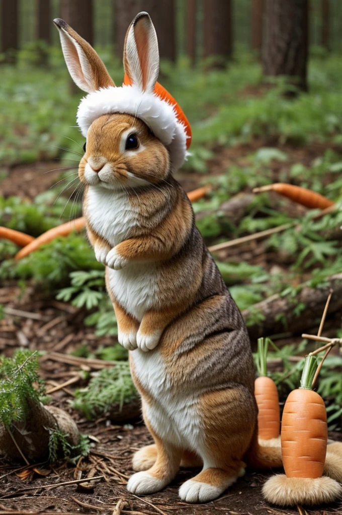 adorable creature,Similar to a mixture of rabbit and carrot, Adorable, Cute, Furry, Fluffy, forest, Mushrooms, Wear a carrot hat