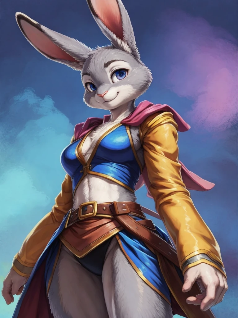 (masterpiece), (best quality),Woman ((anthro)) , (rabbit girl),1girl,solo,(sharp focus),((look at viewer)),(young girl), (rogue outfit), perfect eyes,eyeshadow, dr comet,pochincoff,Pixelsketcher, (mayosplash), (wamudrawasterpiece),cutesexyrobutts, hioshiru,kingbang,ltfoxvixen,shiny skin, (detailed gray fur:1.3),old school fantasy art,((simple background:1.0)),smile,judyhopps