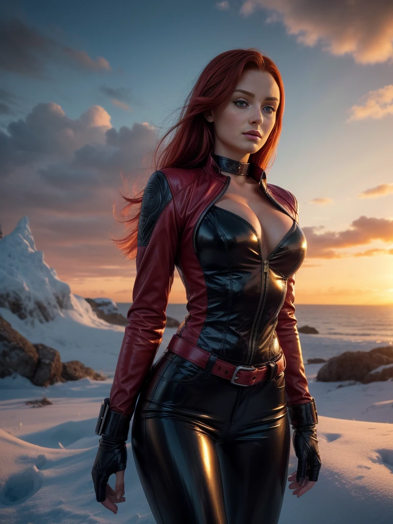 photorealism, full body, a beautiful SOPHIE TURNER with crimson hair, leather down jacket & latex pants, leather choker, beautiful realistic eyes; fantastic face, beautiful look, warm dreamy lighting, white background, volumetric lighting, Alaskan resort landscape sunset background, pulp adventure style, fluid acrylic, dynamic gradients, vivid color, highly detailed, simple, smooth and clean, smooth, character design, 3d shading, cinematic, ornate patterns, elegant organic framing, hyperrealism, posterized, collection of masterpieces, lush vivid colors, twilight, wet gouache