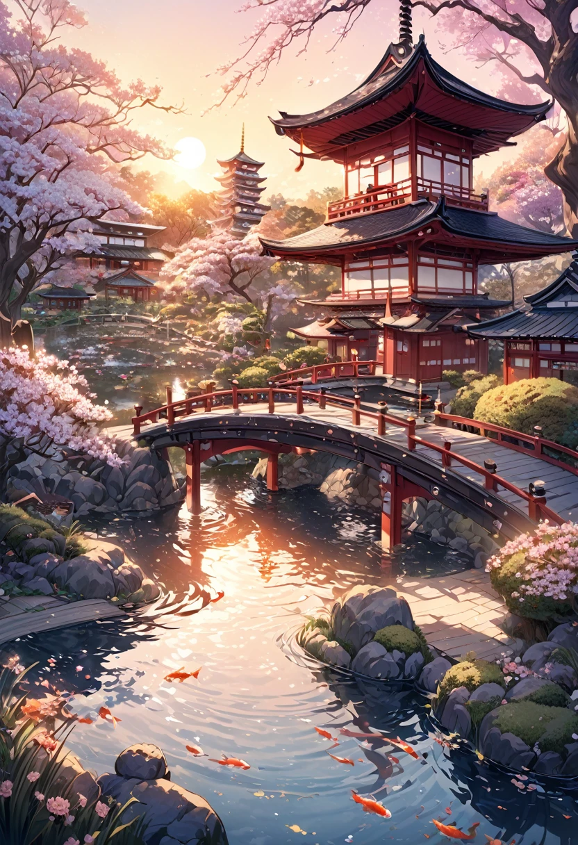 (Digital Painting),(Highest quality), Tranquil Japanese Garden, Cherry tree in full bloom, Koi Pond, Pedestrian bridge, Pagoda, Ukiyo-e art style, Hokusai inspiration, Deviant art is popular, 8K Ultra Real, Pastel color scheme, Soft lighting, Golden Hour, Quiet atmosphere, Landscape　male　Black Hair　Red Eye　kimono　黒いkimono　Red Japanese pattern