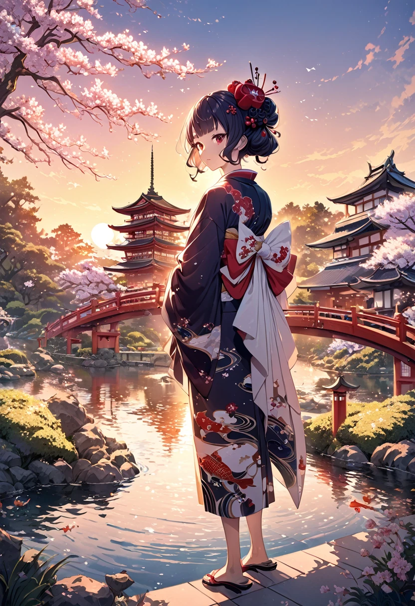 (Digital Painting),(Highest quality), Tranquil Japanese Garden, Cherry tree in full bloom, Koi Pond, Pedestrian bridge, Pagoda, Ukiyo-e art style, Hokusai inspiration, Deviant art is popular, 8K Ultra Real, Pastel color scheme, Soft lighting, Golden Hour, Quiet atmosphere, Landscape male Black Hair Red Eye kimono 黒いkimono Red Japanese pattern