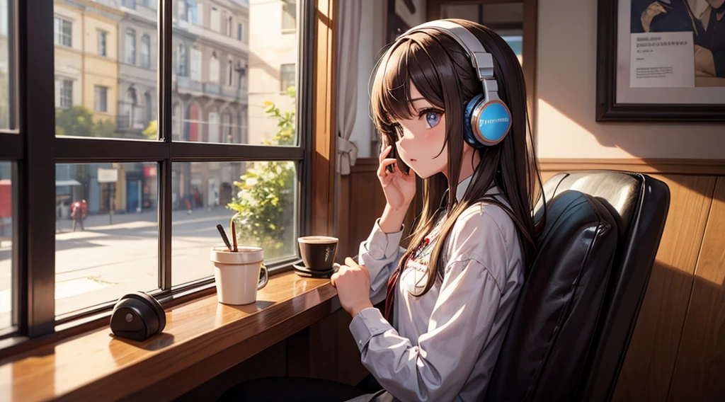 Girl with headphones enjoying music in a cafe　I am studying　Emphasize a little bit of the chest