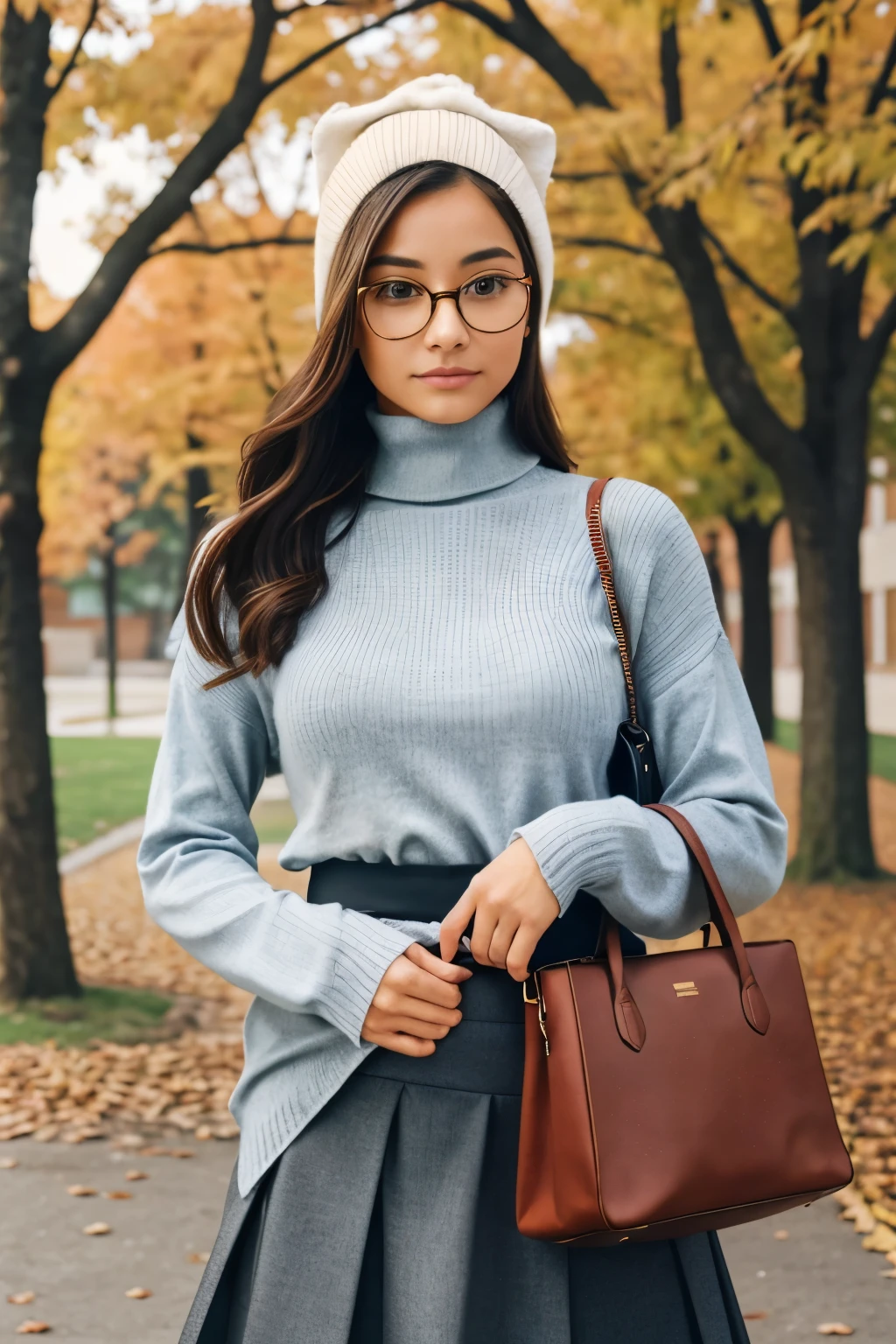 A handsome man wearing a turtleneck looking at a women wearing sweater pants and skirt with a bag on her shoulder and glasses on her head the background is a collge campus during autumn season