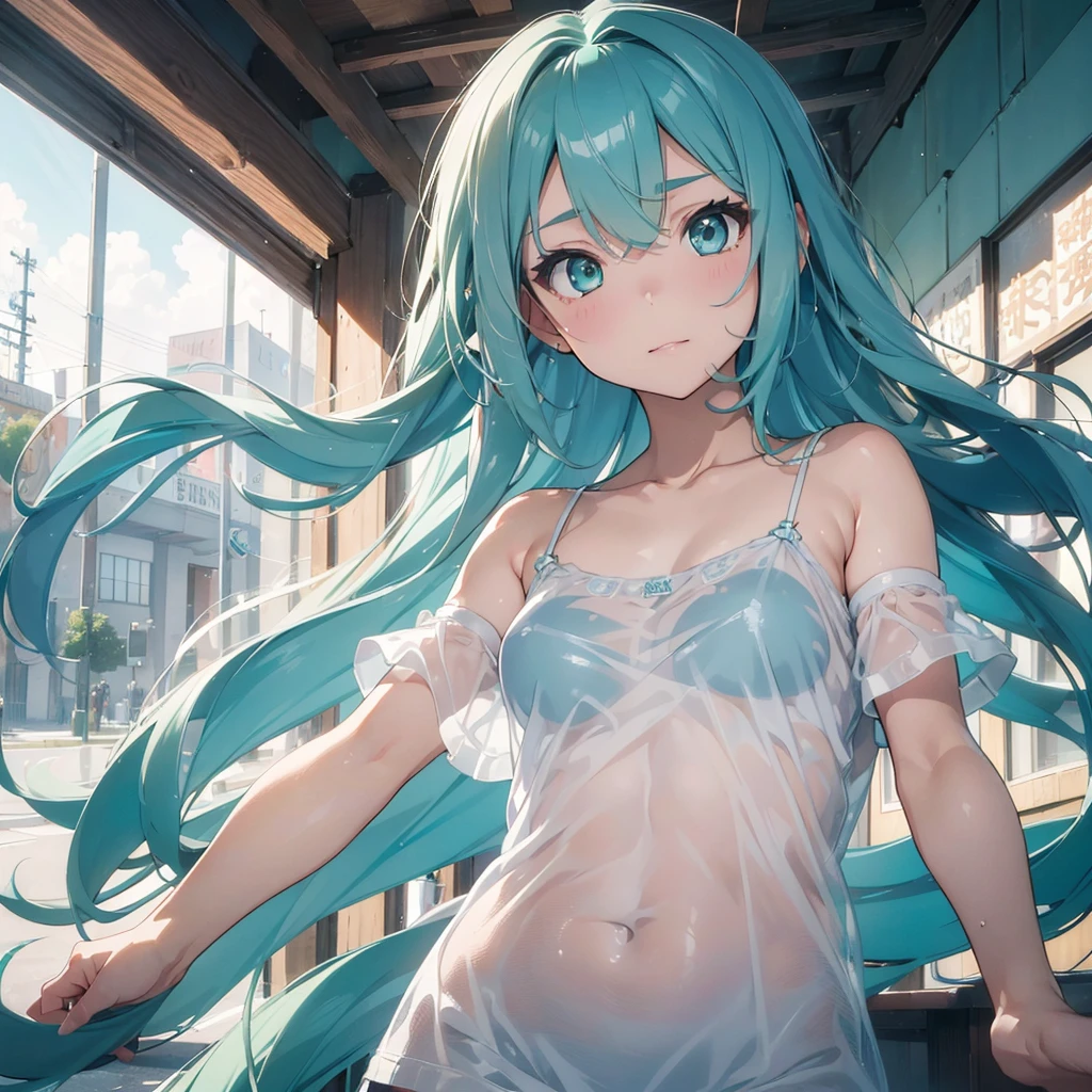 (Highest quality, 32k, High resolution, Masterpiece:1.5), Blonde girl drawn in Japanese anime style, High Contrast, Expressing emotions, Have a rich imagination, Beautiful Japanese Girls, ((Low - Angle:1.4)), An exceptionally beautiful face, Small Face Beauty, Perfect Human Anatomy, Magical big eyes, Motherhood and generosity, Deep Love, Smile, ((Shiny turquoise hair:1.4)), Super long straight silk hair swaying in the wind, Asymmetrical bangs, Hair between the eyes, Transparent, soft white skin, Sharp eyebrows, Thin lashes, Natural Makeup, Cheek highlighter, Lips with fine detail, (White see-through camisole:1.4), High resolutionの完璧な鎖骨, High resolutionの美しい胸元, Slim figure with ample breasts, High resolutionの美しい太もも, ((Beautifully detailed skies:1.2))