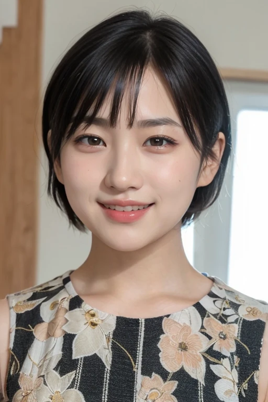 (natural lighting:1.3), 8k, RAW photo, best quality, masterpiece, realistic, photo-realistic, clear, beautiful face, no makeup, best quality, ultra high res, BREAK, Japanese cute girl, 14 years old, (short cut hair:1.2), smile, standing, BREAK, (black eyes, black hair:1.2)