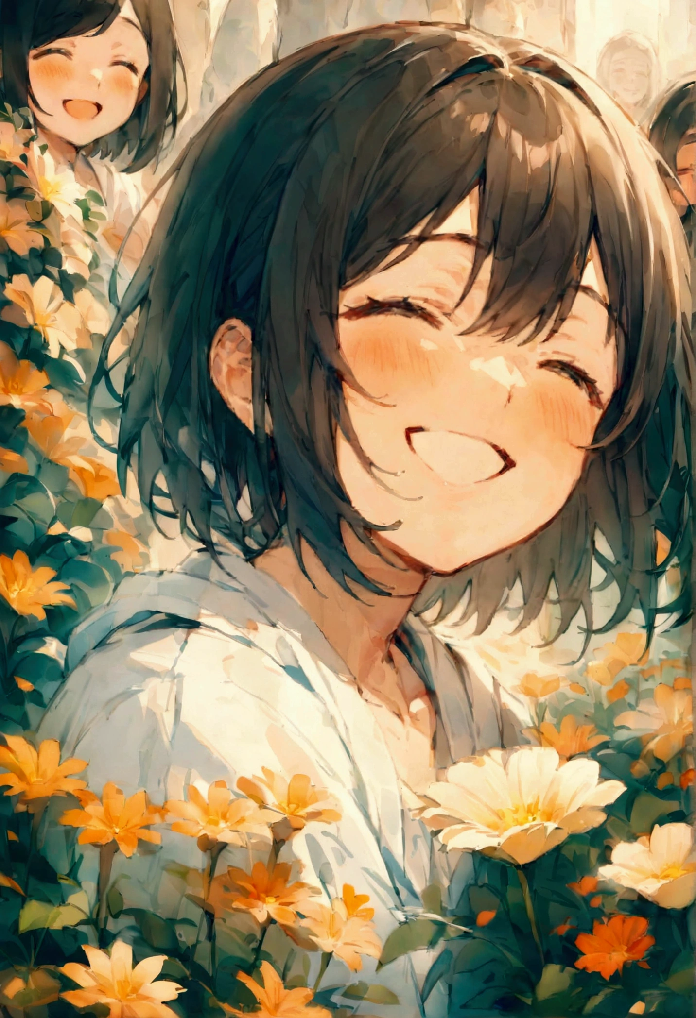 (masterpiece), (Very High Resolution), (Very high quality), Surrounded by flowers,One girl,Upper Body,smile,I&#39;m laughing so hard my eyes are closing,A big smile,Black Hair,Bob