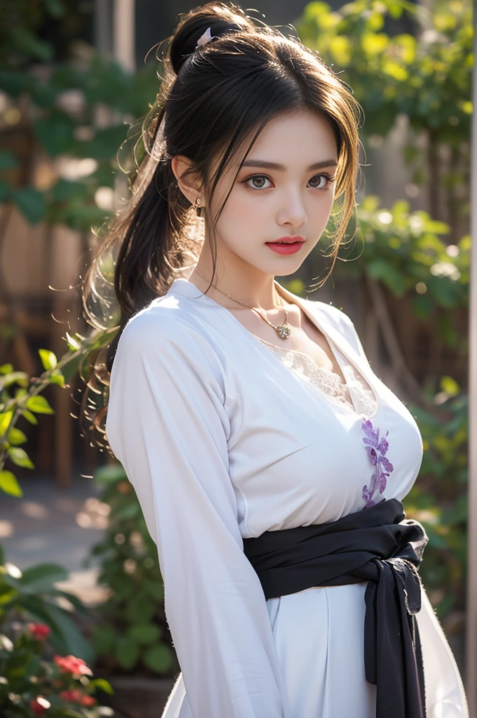 1 beautiful girl in Hanfu costume, ((white thin purple silk shirt with a lot of texture)), white lace top, long purple platinum ponytail Hair, Jewelry, ear jewelry, necklaces and necklaces, carefully drawn big purple eyes, makeup careful, thin eyebrows, high nose, beautiful red lips, no smile, pursed lips, rosy cheeks, wide breasts, big breasts, proportional breasts, slim waist, purple fishnet socks, chinese hanfu style, fictional art texture, colorful bright and realistic, RAW Photo, Realistic Photo, ultra high quality 8k surreal photo, (effective fantasy light effect: 1.8), 10x pixels, magical effect (Background): 1.8), ultradetailed eyes, full body portrait of girl , Chinese royal garden background, dynamic pose