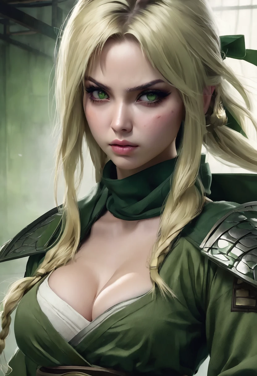 1 woman, inside a manual weapons room, wearing moss green ninja clothing, detailed facial features, dark green and feminine eyes, detailed white skin, long cropped blonde hair, image showing full body, large breasts, cleavage, fan in hand , dramatic lighting, cinematic composition, cold palette, dark colors, atmospheric fog, strong body, thin chin, (best quality, 4K, 8K, high resolution, art: 1.2), ultra-detailed, (realistic, photorealistic, photorealistic: 1, 37 )