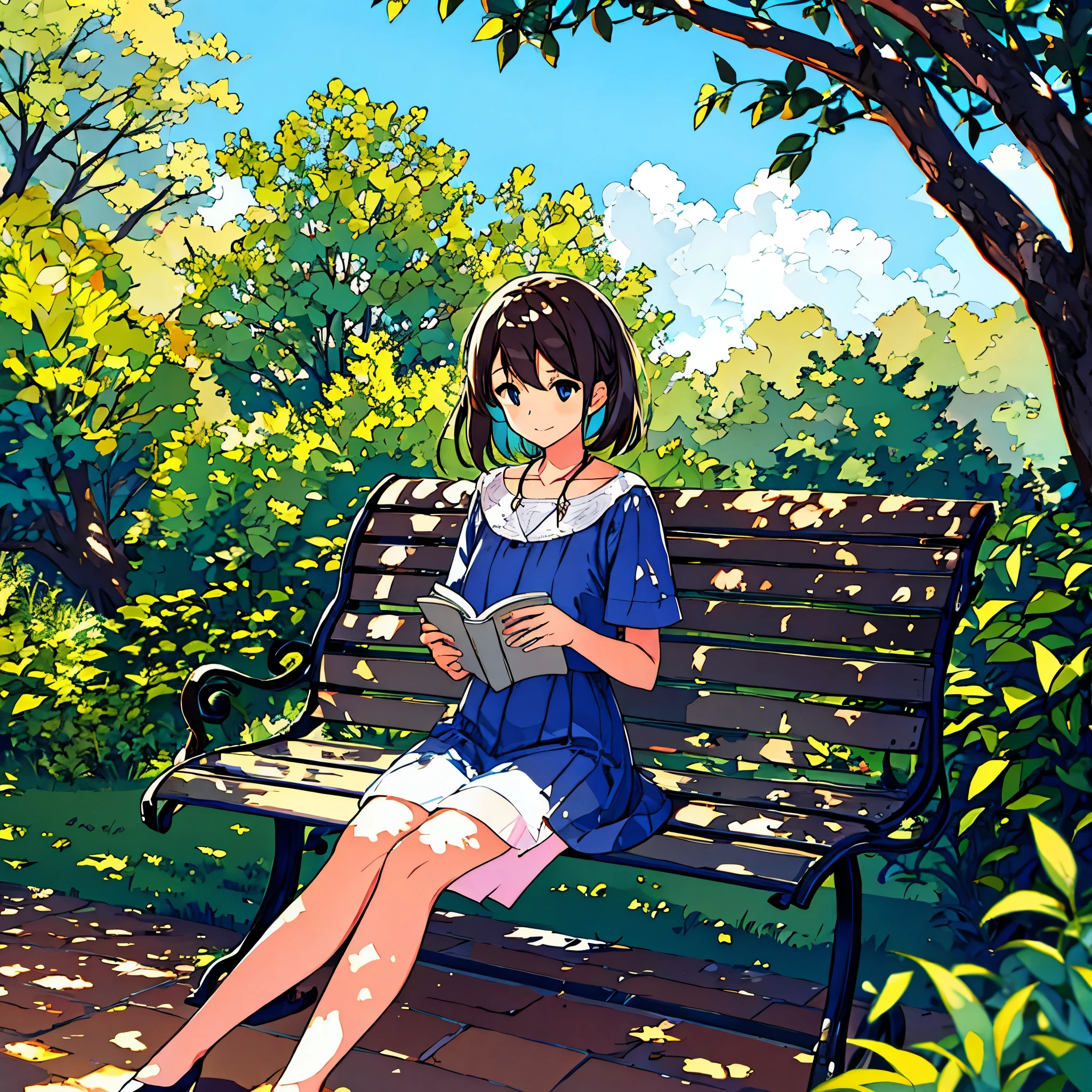 Summer A woman is sitting on a bench Sunlight through the trees Simple Nostalgic Reading a book