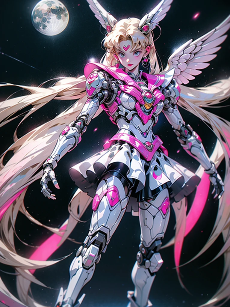 1 mechanical girl: 1.4, Sailor Moon, white mechanical arm, humanoid body, pink sailor suit, good-looking face, sailor Moon, moon hare, rabbit ears, mechanical ears, white blouse, blonde hair, mechanical arm, pink skirt, side, heart-shaped robot in the background, sci-fi background, complex background, hair glowing hair, forehead hair light, moon, panorama, mechanical wings, large wings in the background