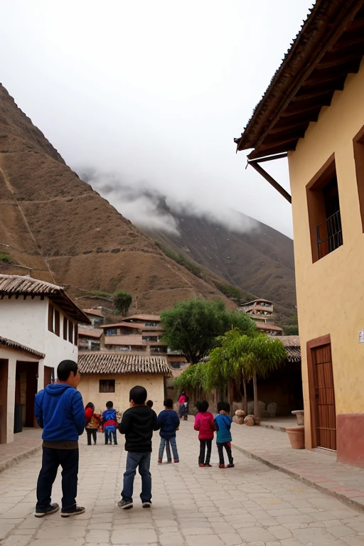 An Andean town, surrounded by mountains and fog. The adobe houses are crowded together. In the central square, a group of children plays while adults chat animatedly.
