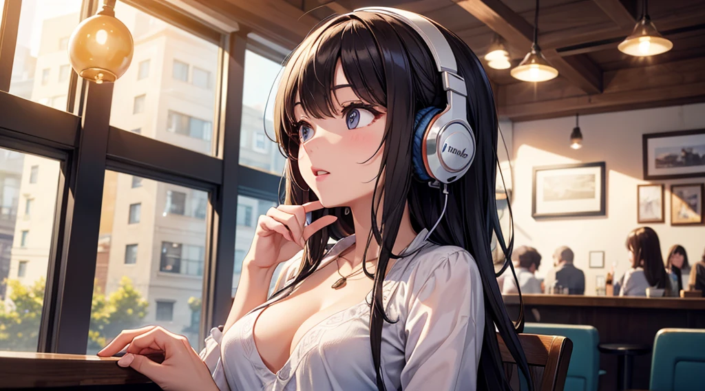 Girl with headphones enjoying music in a cafe　I am studying　Emphasize a little bit of the chest