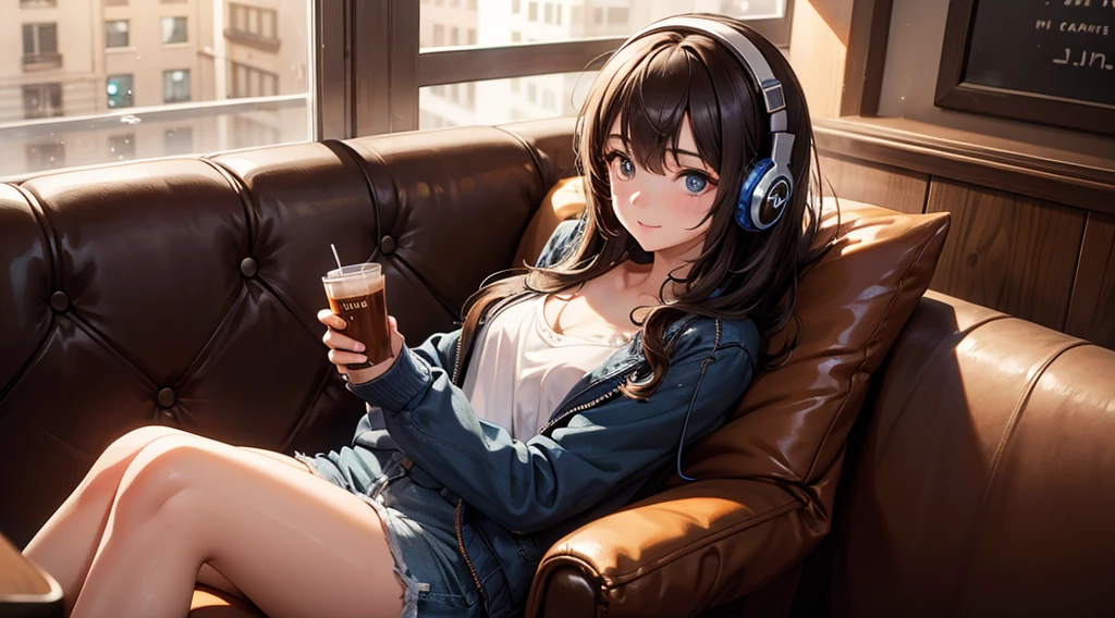 Girl with headphones enjoying music in a cafe I am studying Emphasize a little bit of the chest