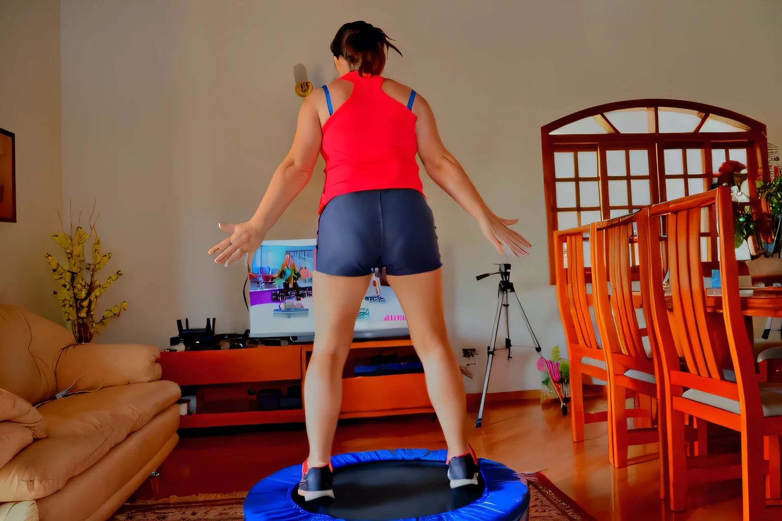 woman in red shirt and blue shorts jumping on a trampol, bouncing, jumping towards viewer, jumping, indoor shot, shot on nikon d 3 2 0 0, by Amelia Peláez, jumping at the viewer, cottagecore!! fitness body, back - shot, indoor, lowres, backshot, in a jumping float pose, full body wide shot