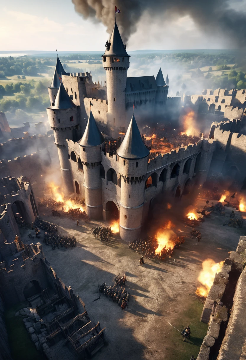 a medieval battlefield, a bird's-eye view of a destroyed medieval castle, soldiers battling amidst the ruins, damaged siege weapons, billowing smoke, crumbling architecture, (an overwhelming military force), detailed, cinematic, dark, dramatic, gritty, realistic, epic, dynamic, masterpiece, (best quality, 4k, 8k, highres, masterpiece:1.2), ultra-detailed, (realistic, photorealistic, photo-realistic:1.37), HDR, UHD, studio lighting, ultra-fine painting, sharp focus, physically-based rendering, extreme detail description, professional, vivid colors, bokeh