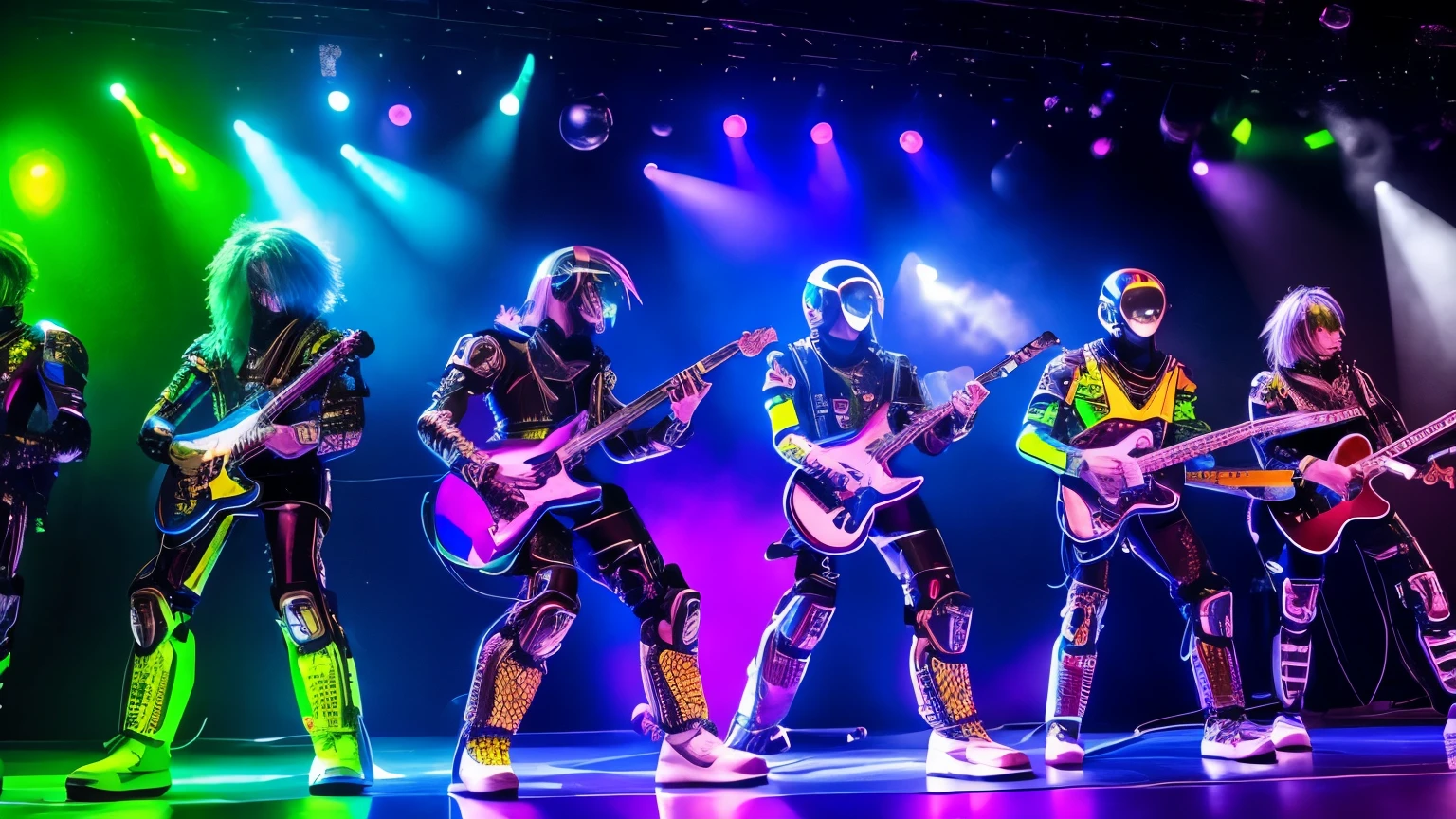 criar many robotsplaying guitar together on stage, rainbow color UNIFORM METALIC, eletronic style, on stage, lights, ELETRIC GUITAR STYLE. 8K,ON STAGE, UNIQUE UNIVERSE , robots rock band
