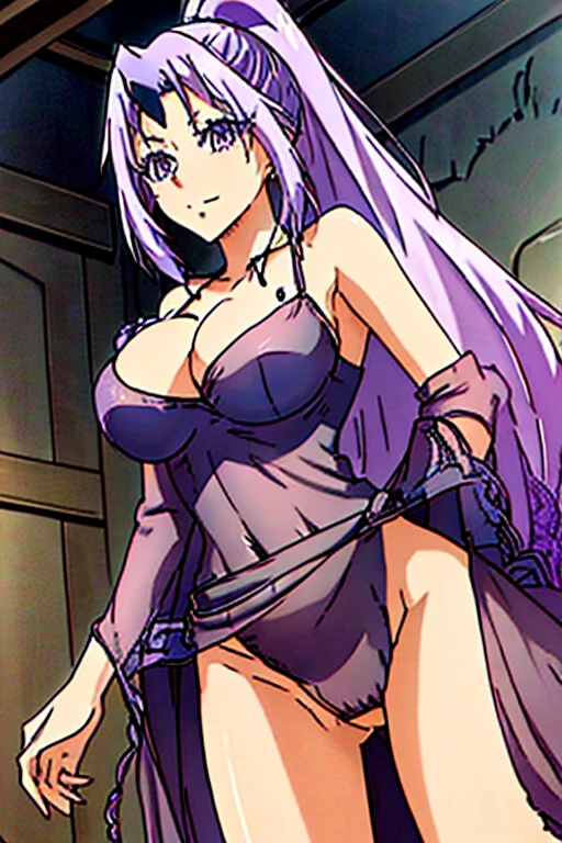 Highest quality、masterpiece、high resolution、8k、(((Spread your legs、Big Breasts)))、Elegant Dresses、Beautiful beauty、Long purple hair、((whole body))、(((Photo taken from below)))、temple、Great Hall、mini skirt、Panties are black lace、Zion、tall、Model-like body、slender、Long limbs、Hairstyle: Ponytail、tall、Big Breasts